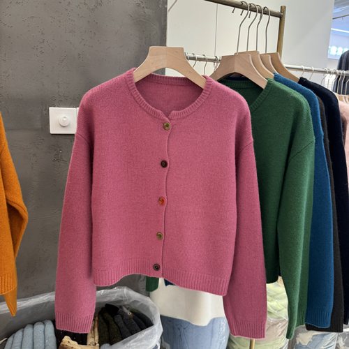 韩系秋新款时尚彩色纽扣圆领单排扣长袖针织开衫女毛衣外套66220
