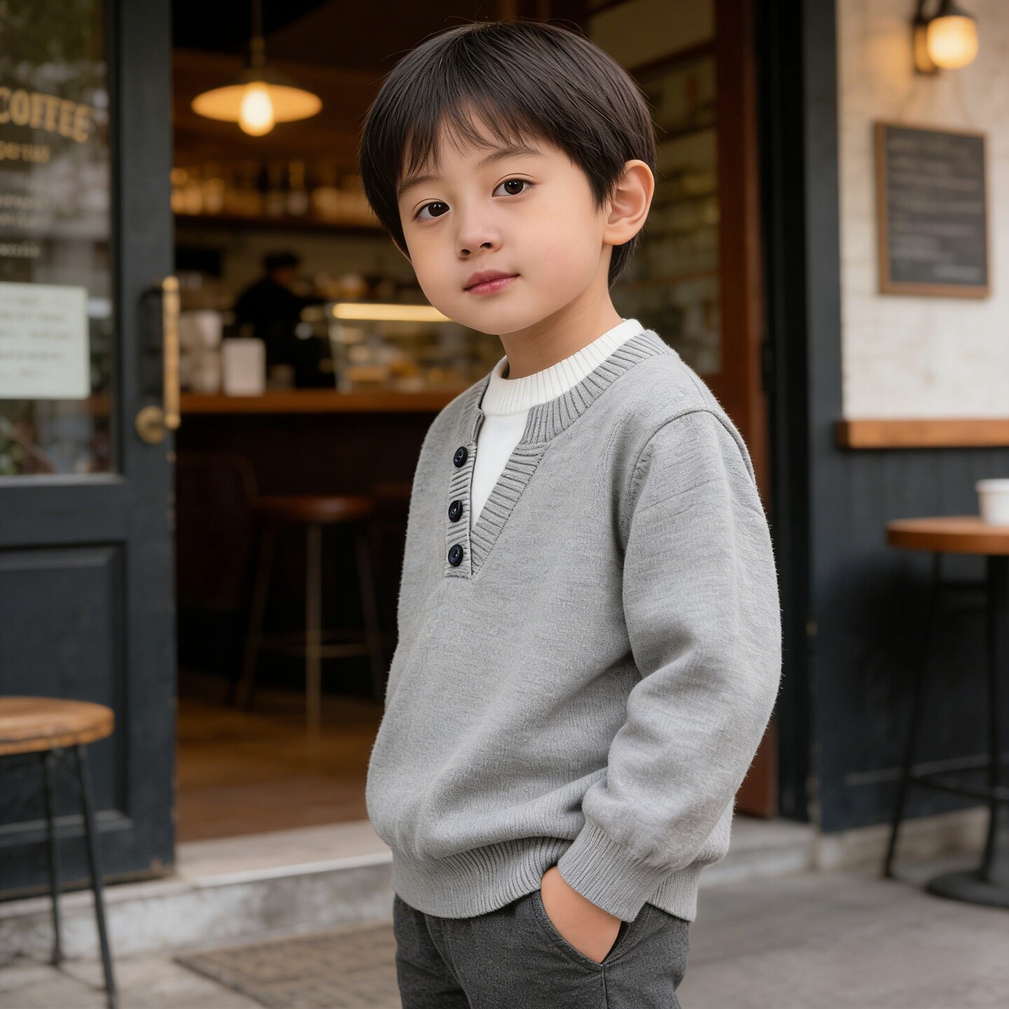 韩版休闲圆领长袖套头针织衫男童假两件亨利领灰色百搭毛衣中小童