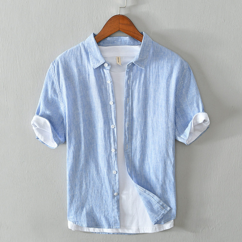 2026夏季新款小码中性亚麻条纹短袖衬衫男小清新棉麻透气文艺衬衣,男装,衬衫,淘宝优惠券,粉丝福利购,淘宝优惠卷