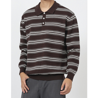 复古POLO翻领条纹针织衫男秋冬高智老钱风内搭打底毛衣可外穿上衣
