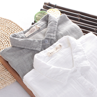 双层棉纱长袖 中性男女文艺纯棉打底衬衫 衬衣潮 小个子150小码 春季