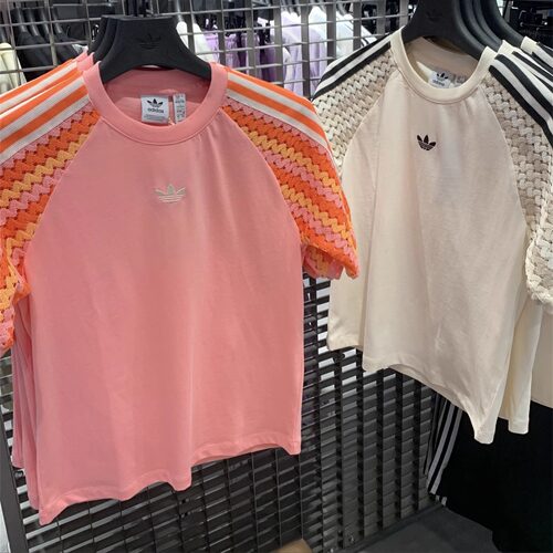 Adidas三叶草 女子运动休闲潮流编织插肩袖短袖T恤 KC0769 KC0770