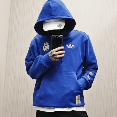 Adidas三叶草 皇马男女运动休闲潮流宽松复古连帽卫衣帽衫 JZ2237