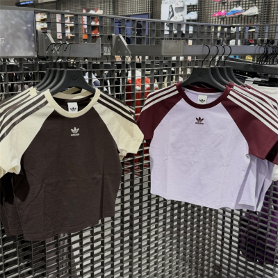 Adidas三叶草 女子运动休闲潮流复古拼色短袖T恤 KU4767 KU4768