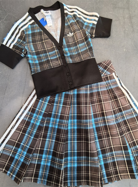 Adidas三叶草 女子运动潮流格纹短袖衬衫半身裙 KW4548 KW4529