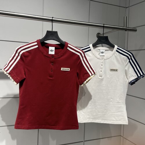 Adidas三叶草 女子运动休闲潮流格纹刺绣短袖T恤 KU9392 KU9393