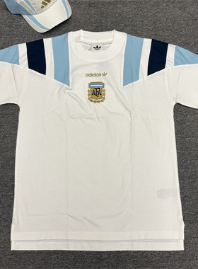 Adidas三叶草 阿根廷队复古出场服热身服运动足球短袖T恤 KG2288