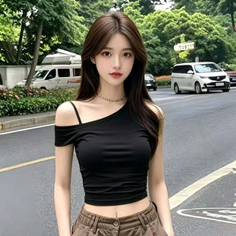 2026新款夏修身露肩短袖t恤女性感辣妹短款斜肩纯欲上衣绝美显瘦