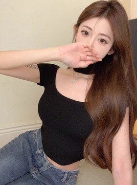挂脖漏锁骨棉女短款短袖工厂直售