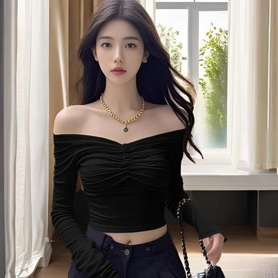 纯欲风辣妹一字领短款上衣女