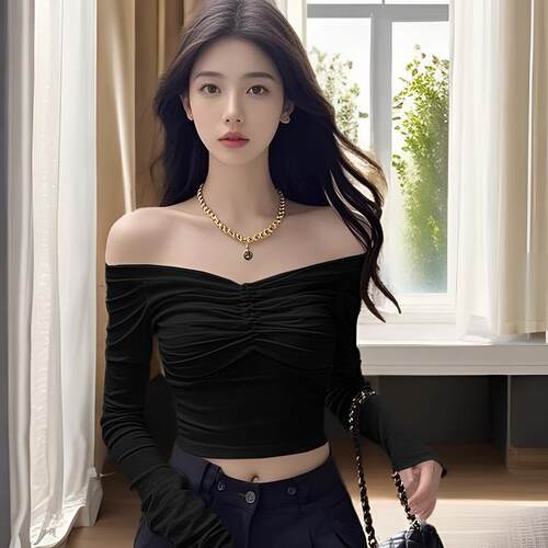 纯欲风辣妹一字领短款上衣女