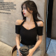 打底衫 一字领挂脖漏锁骨露肩上衣夏季 性感紧身黑色显瘦t恤女短袖