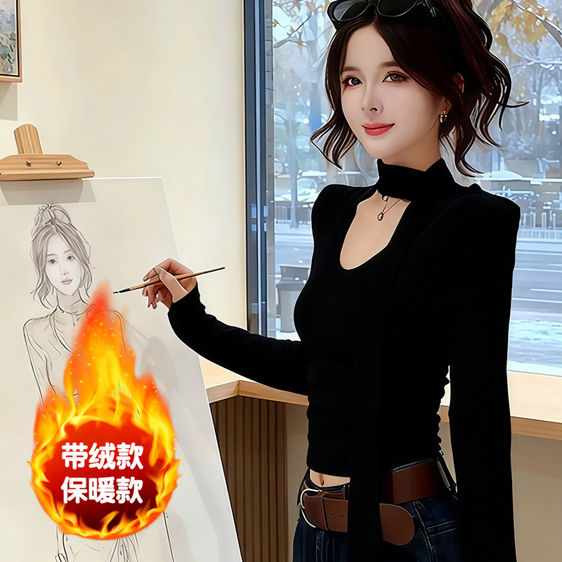 2025冬季新款飘带长袖T恤女纯欲风气质修身显瘦短款打底衫上衣