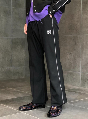 Needles track黑色蝴蝶刺绣日系休闲百搭宫廷风阔腿喇叭长裤男女