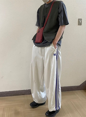 Needles track奶白HD蝴蝶绣花运动休闲宽松阔腿长裤飞鼠裤哈伦裤