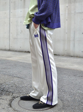 过验Needles track新款条纹乳白色蝴蝶绣花运动休闲日系长裤男女