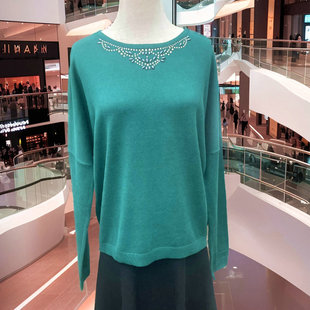 重工好货 胸围124cm 孔雀蓝钉珠欧美女装秋季低圆领针织外套