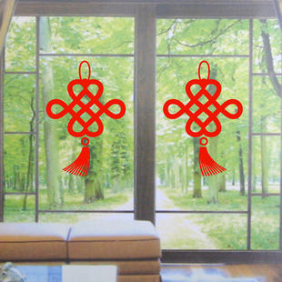 中国结窗花静电贴纸玻璃门窗户橱窗装饰贴2026马年春节新年双面红