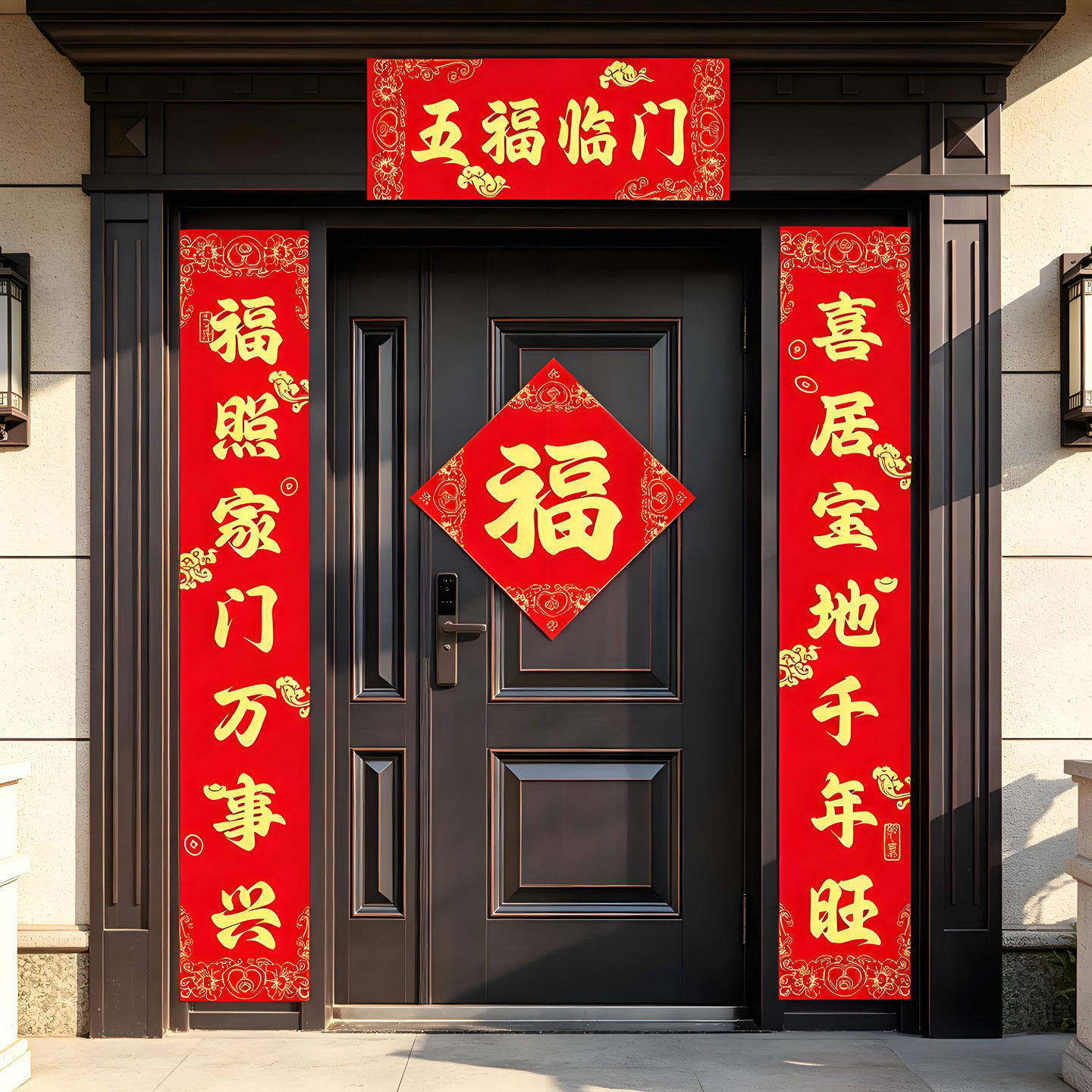 五福临门对联春联入户门联福字门贴自粘对联年画乔迁无痕不干胶