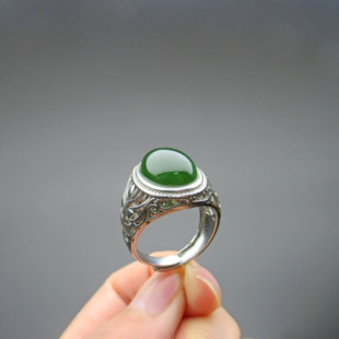 天然和田玉碧玉戒指男女款玉石指环玉戒圈925银镶嵌戒指大气款