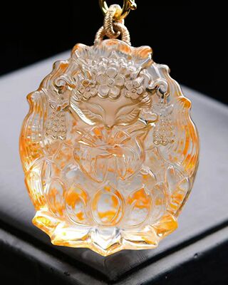天然巴西黄胶花俏色九尾狐吊坠项链挂件礼物项链