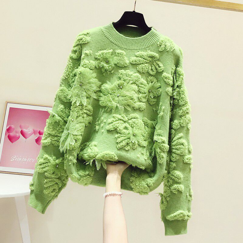 慵懒风手工贴花镶钻圆领长袖毛衣女2025秋冬新款宽松时尚针织上衣