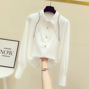 2025春秋新款韩版重工钉珠镶钻尖领长袖白衬衫女休闲气质衬衣上衣