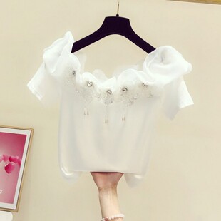 一字肩T恤女2025夏新款 休闲上衣 气质重工镶钻花荷叶边短袖 很仙