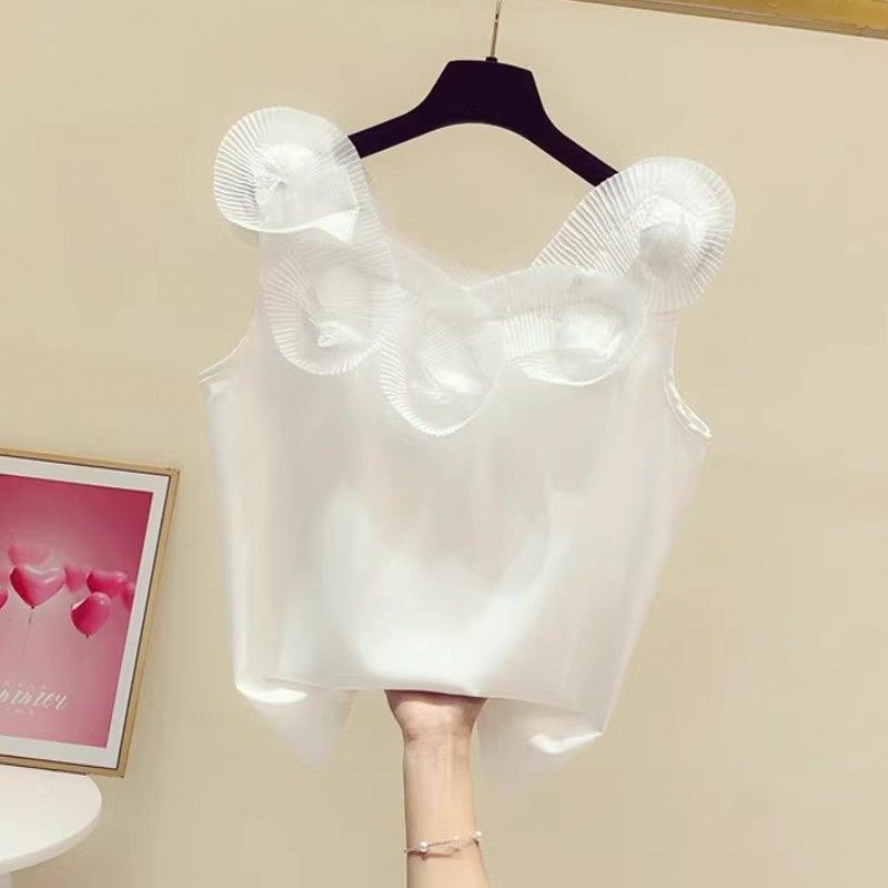 甜美气质立体花朵圆领无袖雪纺背心女2025夏季新款休闲短款上衣潮