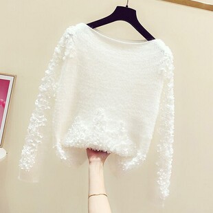 套头针织衫 2025秋冬新款 立体花瓣一字领长袖 时尚 女慵懒风毛衣 韩版