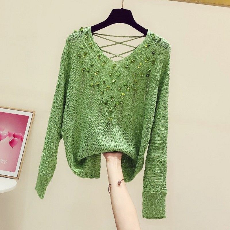 重工亮片镂空薄款针织衫女2025秋冬新款韩版V领长袖慵懒风毛衣潮