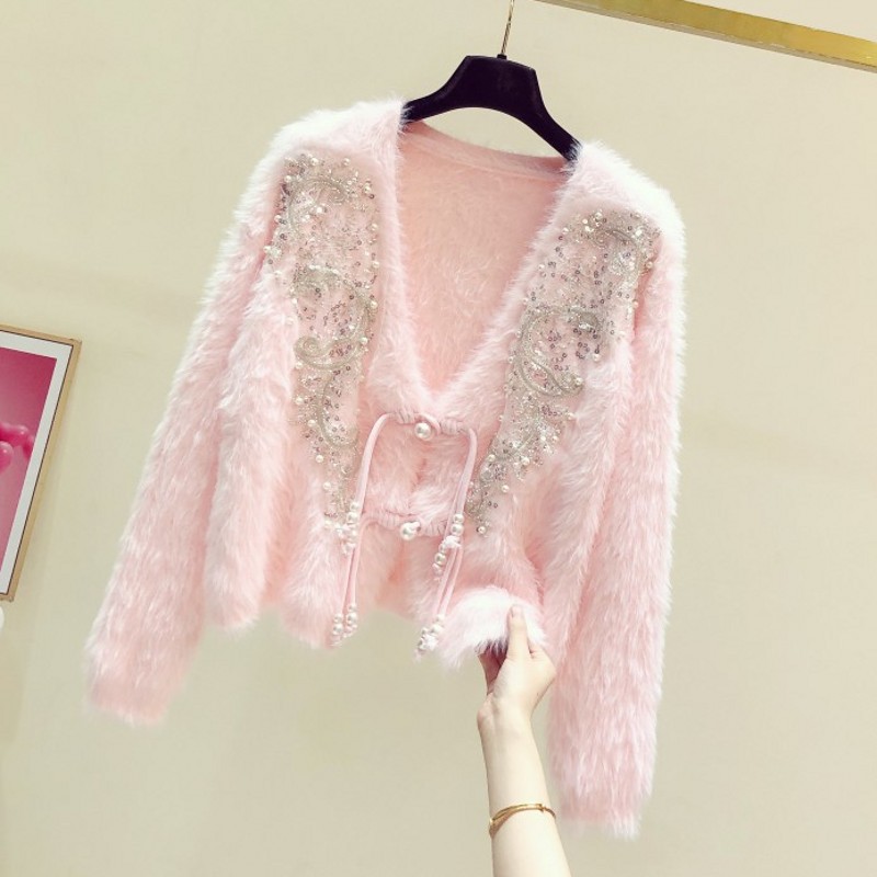 貂绒V领刺绣钉珠亮片毛衣外套