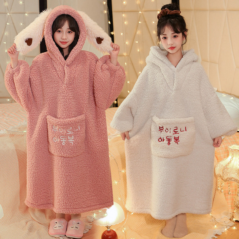 女童家居服冬季加绒加厚2025新款儿童甜美睡衣长款女童珊瑚绒睡袍