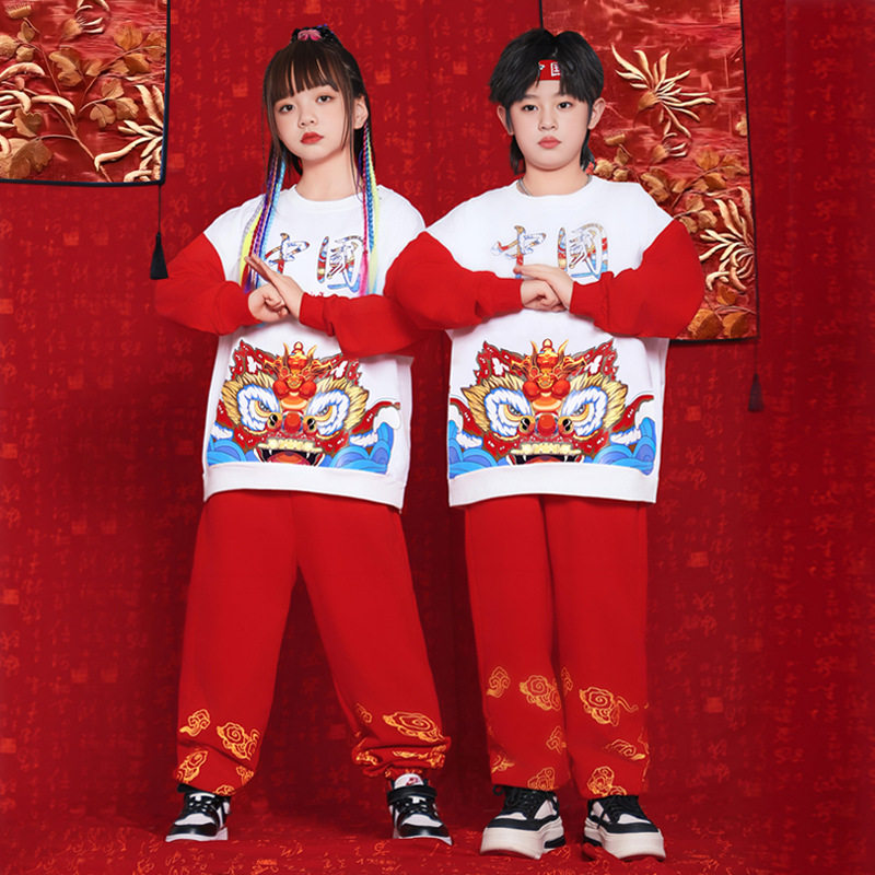 中国风元旦演出服国潮女童表演服男童街舞hiphop潮服潮酷卫衣套装