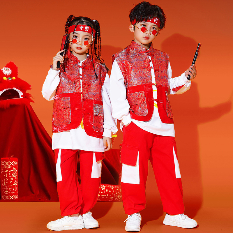 男女童秋冬套装儿童元旦演出服国潮卫衣中国风盘扣马甲三件套醒狮