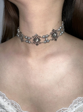 atmshop复古宫廷灰色仿猫眼石珠串choker项圈新中式夸张氛围项链