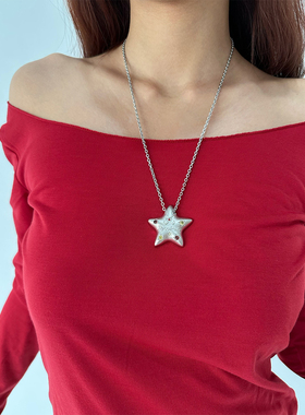 atmshop甜酷多巴胺银色磨砂五角星吊坠幸运星小众韩系精致长项链