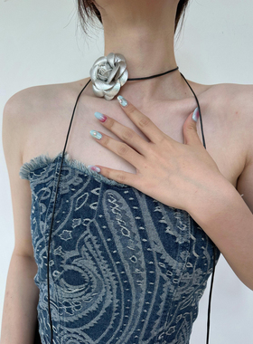 atmshop 银色皮革纯欲山茶花绳子绑带choker复古ins可调节颈花