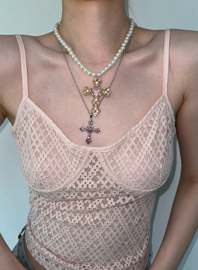 atmshop 辣妹彩钻夸张y2k十字架项链纯欲仿珍珠链甜酷欧美锁骨链