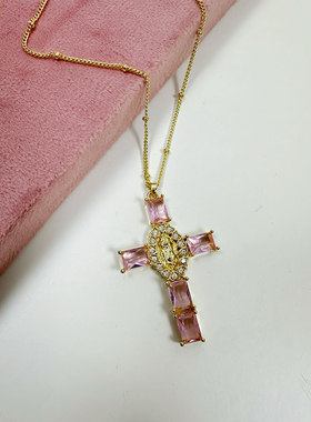 atmshop实物更美清透纯欲粉色十字架闪钻金色项链高级轻奢锁骨链