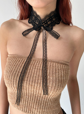 atmshop暗黑少女黑色宽版蕾丝蝴蝶结绑带辣妹复古y2k宫廷丝带颈饰