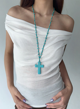 atmshop显白仿绿松石十字架珠串复古波西米亚民族风长项链毛衣链