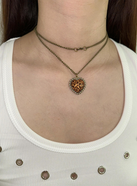 atmshop复古做旧豹纹立体爱心吊坠长款项链甜酷辣妹可双层叠戴