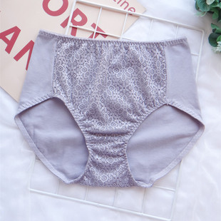N113 MM纯色高腰三角女士内裤 简约蕾丝网纱前片拼接纯棉后片 大码