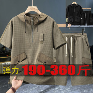 短裤 t恤口袋短袖 两件套青少年大学生 半拉链连帽短袖 360斤弹力大码