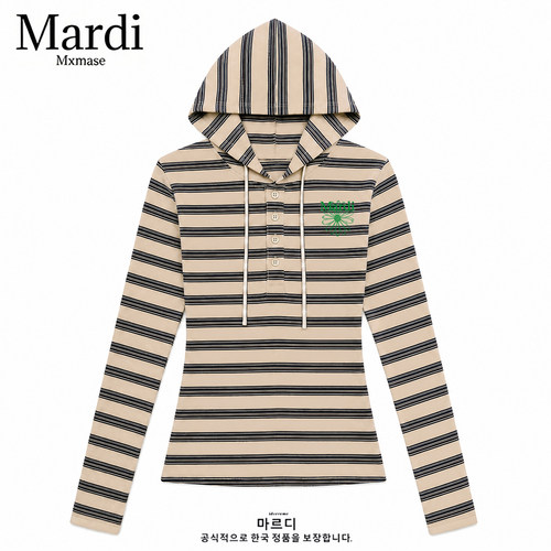 Mardi Mxmase韩系条纹连帽长袖针织衫女修身卫衣上衣早秋氛围感女