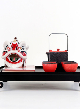 新中式红色陶瓷茶具组合套装摆件客厅茶几酒店玄关样板房饰品摆件