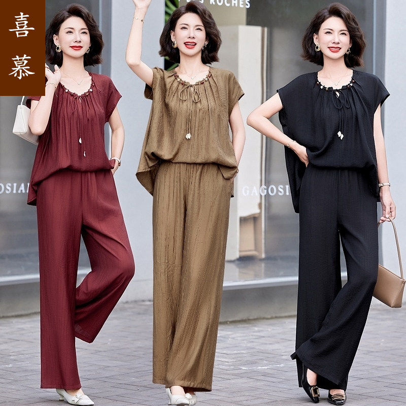 夏季妈妈装时尚套装女洋气减龄宽松韩版气质显瘦遮肚子两件套