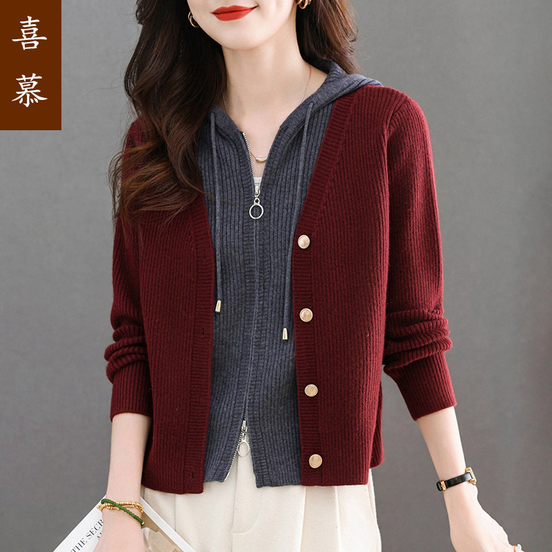喜慕假两件开衫毛衣针织上衣时尚洋气妈妈女士大气上档次外套秋季