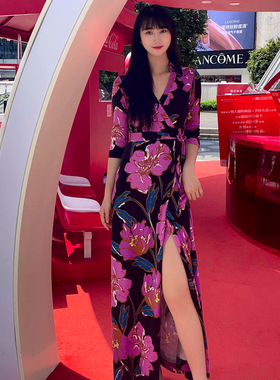 欧代DVF法式裹身裙夏新款紫色花卉印花气质收腰显瘦一片式连衣裙